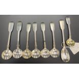 Seven London silver salt spoons and a mustard inc. 4 by Elizabeth Eaton 1850, 2 William Robert