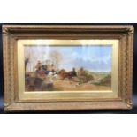 Gilt framed painting, Coach and Hunt scene, Hunting pack crossing path of stage coach, signed to the