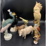 Ceramic birds and animals to include Beswick donkey, bull and hawk, 2 Goebel birds and 3 Royal Dux