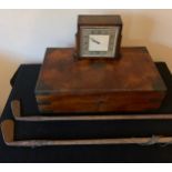 A clock, 2 vintage golf irons and a walnut brass bound writing box.Condition ReportWear to irons,