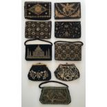 A collection of 9 handbags mainly from India with soft fabric base and metallic stitching of various