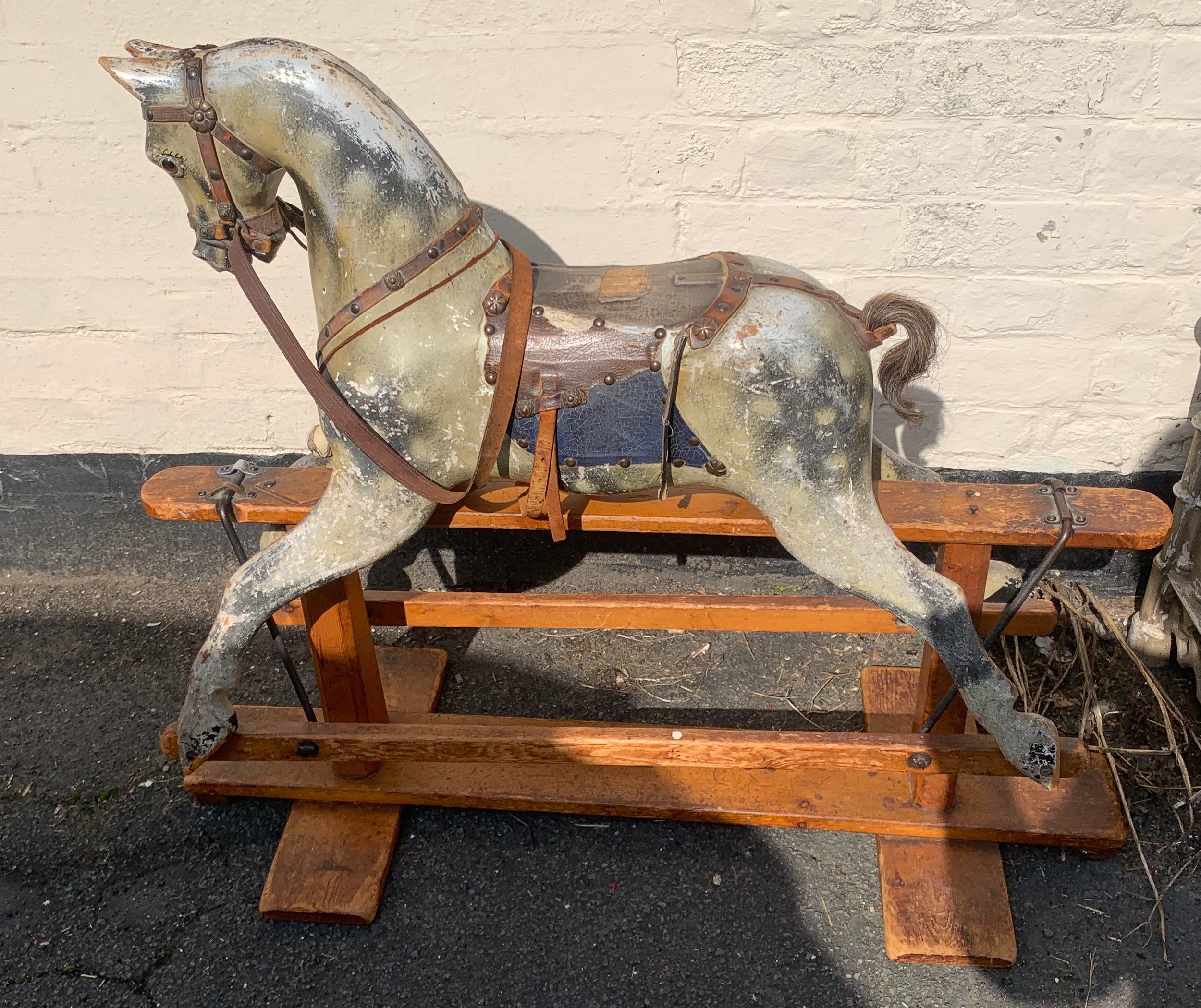 Edwardian wooden rocking horse, BCL Rambler Liverpool label to base.