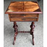 A walnut sewing table with light up lid, fitted interior and single drawer. 48cms w x 40cms d x