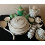 A Forstenberg coffee service, a Spode coffee service, a Losol ware tureen and large ladel.