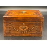 A late 18thC Sheraton mahogany tea caddy, finely inlaid with garland and floral panels with an