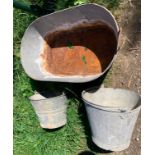 Galvanised tin bath 68 x 40 x 23cms h and two galvanised buckets.Condition ReportHoles in both