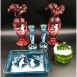 A selection of Mary Gregory glass ware comprising: a pair of ruby vases with flared rims 28.5cms