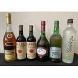 Six various bottes to include Cognac, Croft Particular Sherry, Dow's port, Branco, Gordons G&T and 2