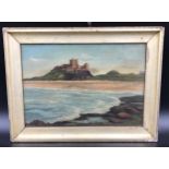 Victorian oil painting on canvas in a gilt frame. Bamburgh Castle, signed W P. 23cms h x 33cms w