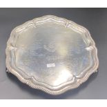 Sheffield silver salver 1933 by Walker & Hall with extensive engraving 26.5cms diameter 435gms.