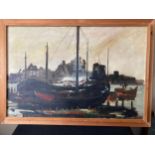 Paul Visser 'Langs De Rivier' Oil on canvas of a boat in dock. 59 x 89cms.