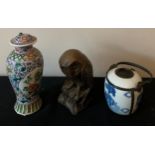 Oriental ceramics to include an opium pipe together with a bronzed effect owl by M.W. Pierce.