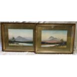 A pair of gilt framed water colours by R J Pollard 1915 of mountain lake scenes. Pictures 32.5cms