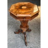 A Victorian walnut octagonal topped sewing table with inlaid panel to top and fitted interior with