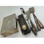 A miscellany of mainly hallmarked silver to include a cigarette box , 2 manicure tools, penknife,