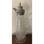 Silver topped etched glass claret jug, Birmingham 1870, maker Horace Woodward and Co. 30.5cms h.