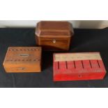 Early 19thC tea caddy, wooden/inlaid, money box and tin money box.Condition ReportSigns of wear.