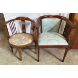 Two Edwardian mahogany inlaid armchairs. One with floral upholstery ht to seat 40cms to back 73cms x
