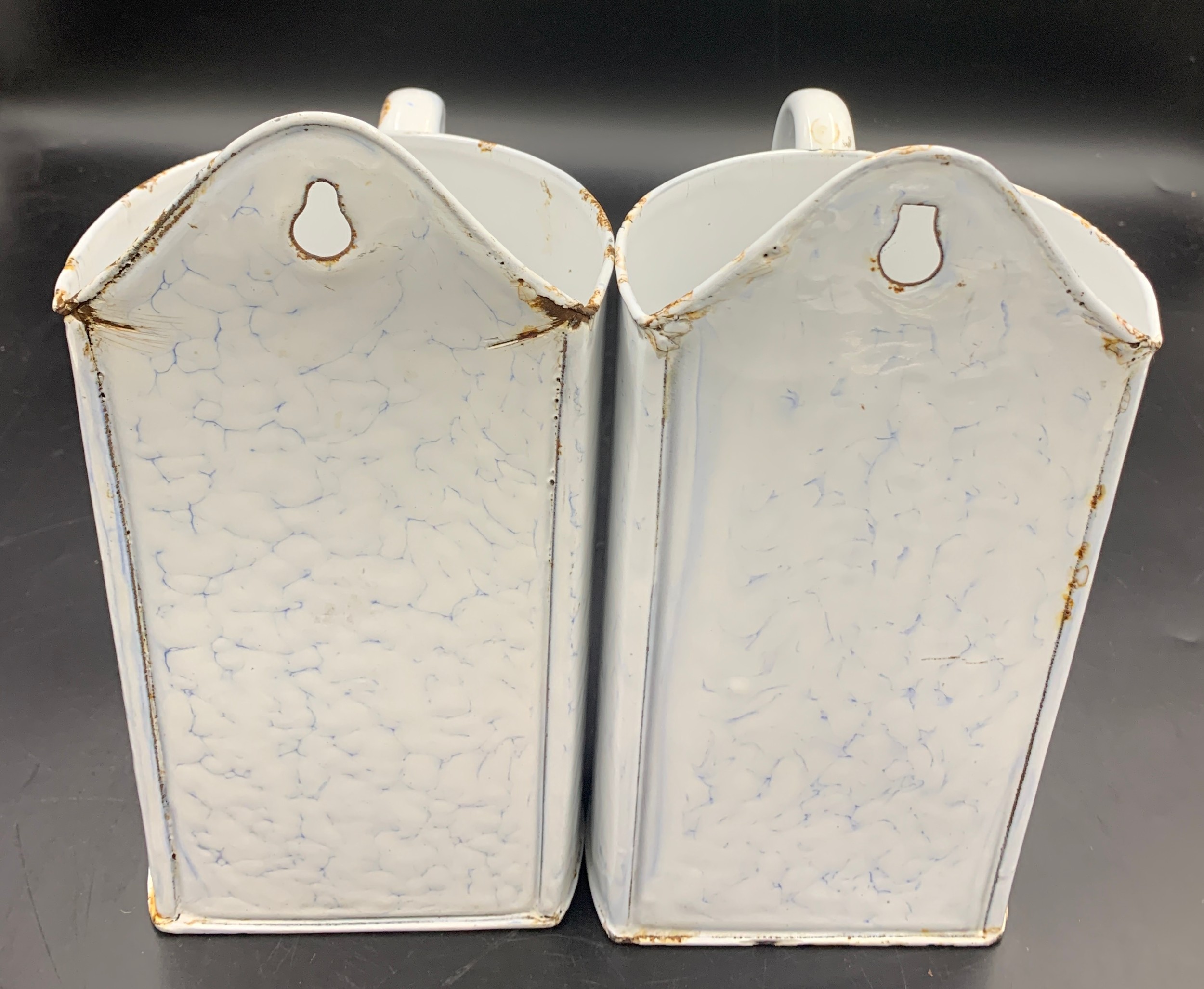 Two vintage 2 litre French marbled enamel wall hanging enema douche jugs. 26cms h.Condition - Image 3 of 3