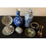 A group of ceramics to include Chinese vases, cups and saucers, a Marazion dish together with a