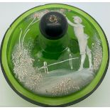 A 19thC green glass lidded jar with Mary Gregory style decoration depicting a boy picking apples.