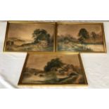 Set of three gilt framed watercolours. C J Keats 19thC canal scenes with horse drawn narrowboats,
