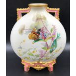 A Royal Worcester moon vase with floral and butterfly decoration. 25.5cms l x 21cms w. Circa 1892.