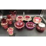 A collection of Victorian and early 20thc cranberry glassware to include : a pair of condiment