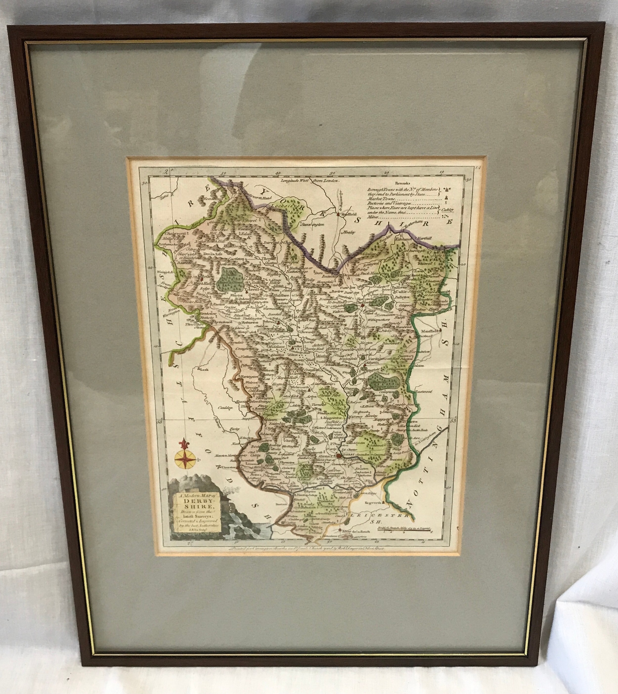 A small framed coloured map of Derbyshire printed for Carrington Bowles and St Pauls Churchyard.