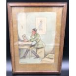 Framed WW I cartoon drawing, signed Brandon Stuart, Officer with portrait of young lady, picture