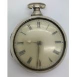 A silver pair cased pocket watch with enamel face with Roman numerals. Both cases with makers marks,