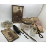 A miscellany to include pen knives, button hook, Torquay paperweight, silver necked glass scent
