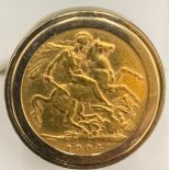 A 1904 full sovereign set in 9ct gold mount. Size S. 16.7gms.Condition ReportGood condition.