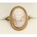 A 9ct gold ring set with shell cameo. Size O. 3.9gms.Condition ReportGood condition.