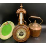 Miscellany to include wall mounted barometer 43cms l, copper kettle with acorn knob and a Crown