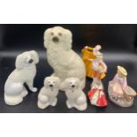 Four 19thC Staffordshire dogs, 2 19thC bisque figures and Royal Doulton Pretty Ladies figures '