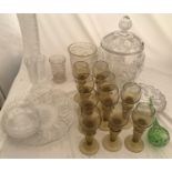 A selection of glass ware to include a cut glass large lidded container 34cms h, 4 vases largest