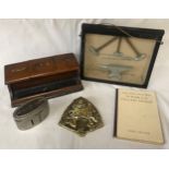A miscellany to include an oak inkwell and pen stand 24cms w x 12cms d x 7cms h, a brass inkwell