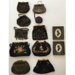 A collection of 9 black and gold coloured handbags and 1 x purse mainly made of fabric, bead work