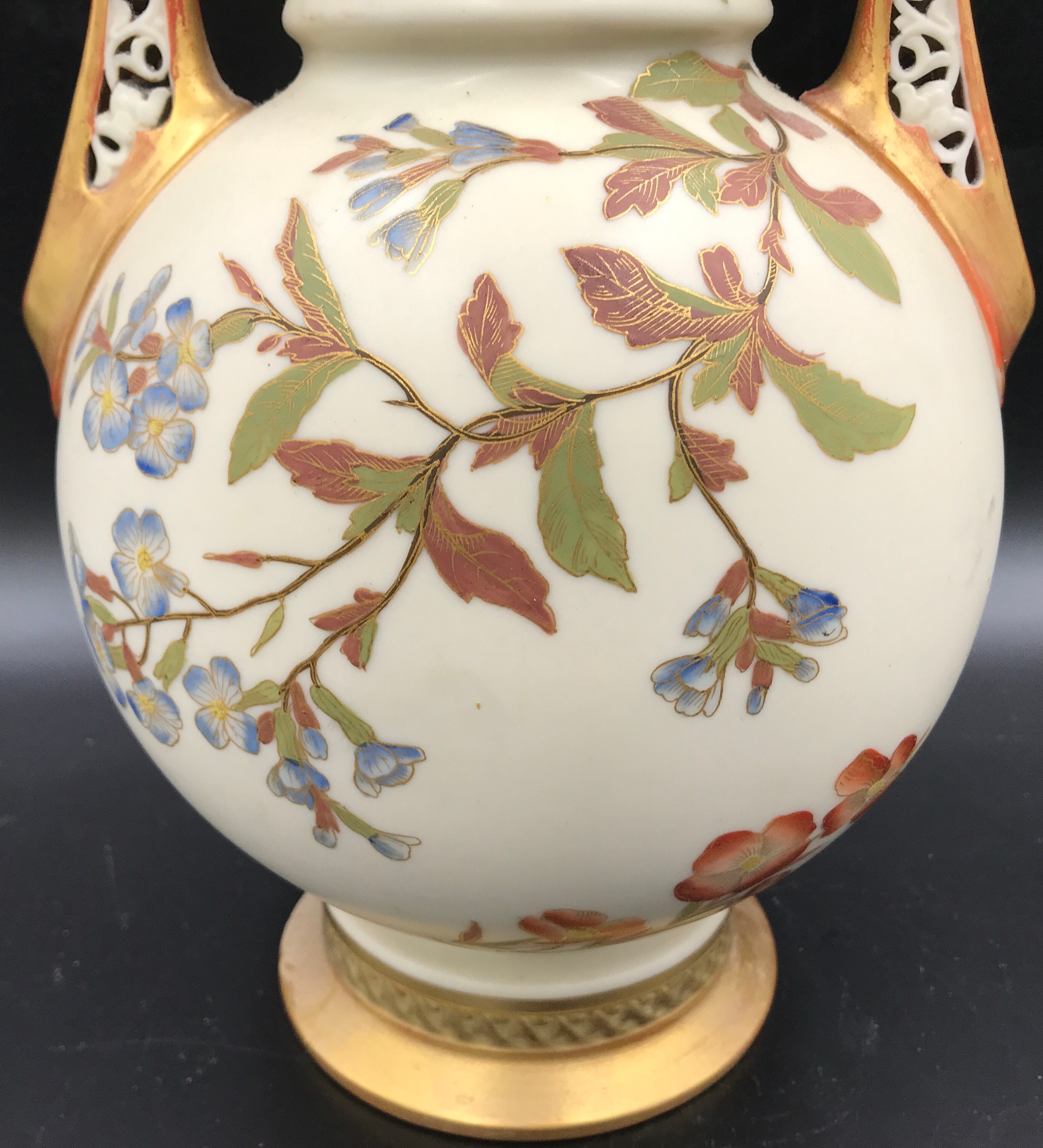 A Royal Worcester lidded vase with floral decoration and pierced dragon headed handles. 41cms. - Image 2 of 7