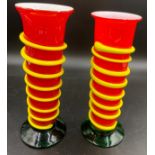 Two Art Glass vases of tapering form, green bases, red body and yellow glass spirals.