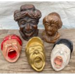 Five plaster chemist gaper display heads. 20cms tallest.Condition ReportSome nicks to plaster.