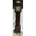 An oak cased granddaughter clock, Matthew Bushell, with steel cut dial and decorative brass