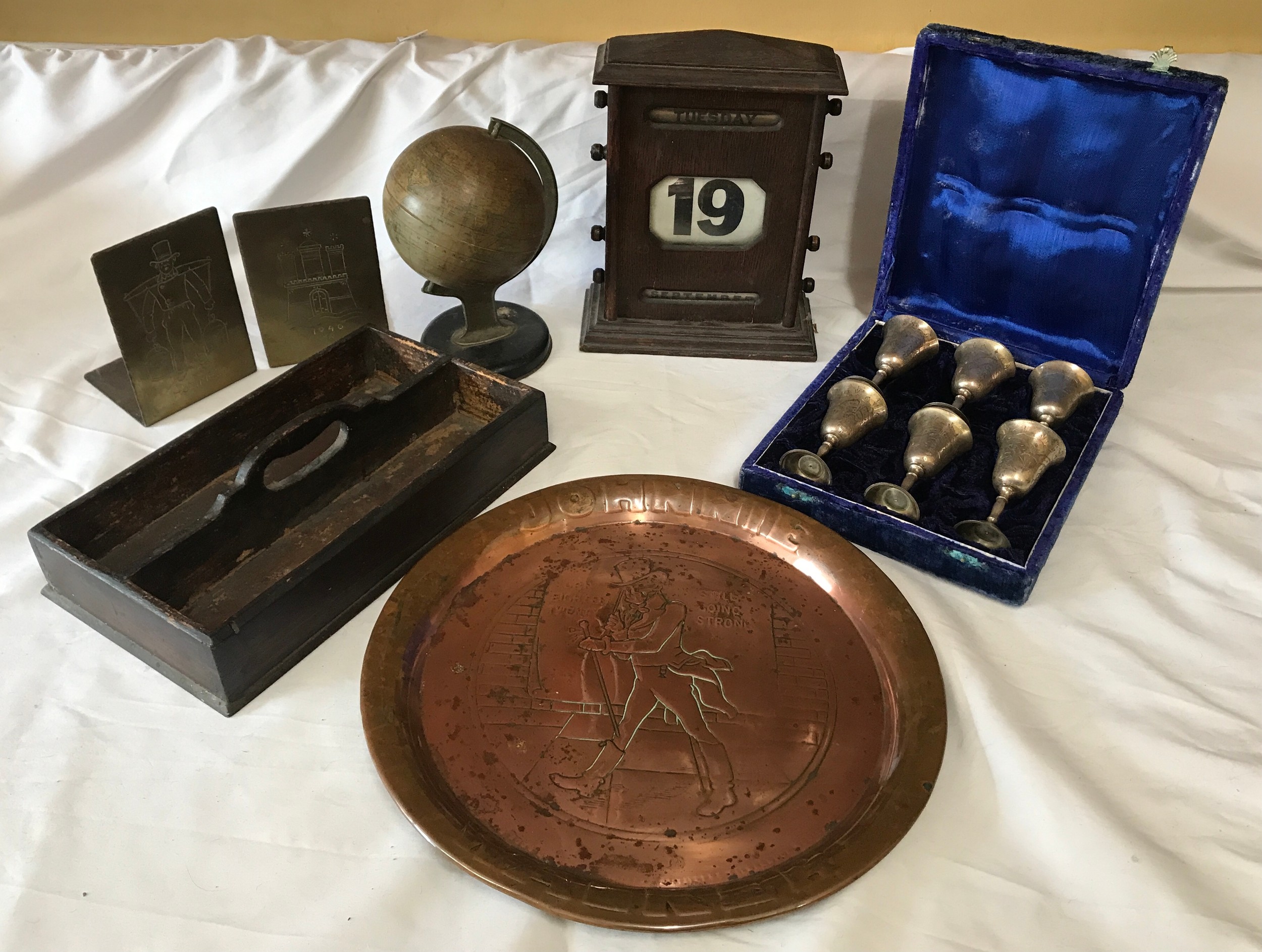 Mixed selection, oak desk calendar 27cms h, Chad Valley tinplate globe 20cms h, pine cutlery tray