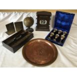 Mixed selection, oak desk calendar 27cms h, Chad Valley tinplate globe 20cms h, pine cutlery tray