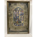 A framed print from Harrods of a stained glass Church window with butterfly wing decoration.