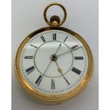 An 18ct gold cased pocket watch with enamel face and Roman numerals, maker I.J.T.N Isaac Jabez Theo