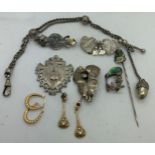 A selection of jewellery to include silver Mizpah and Nellie brooches, watch chain, 9ct gold hoop