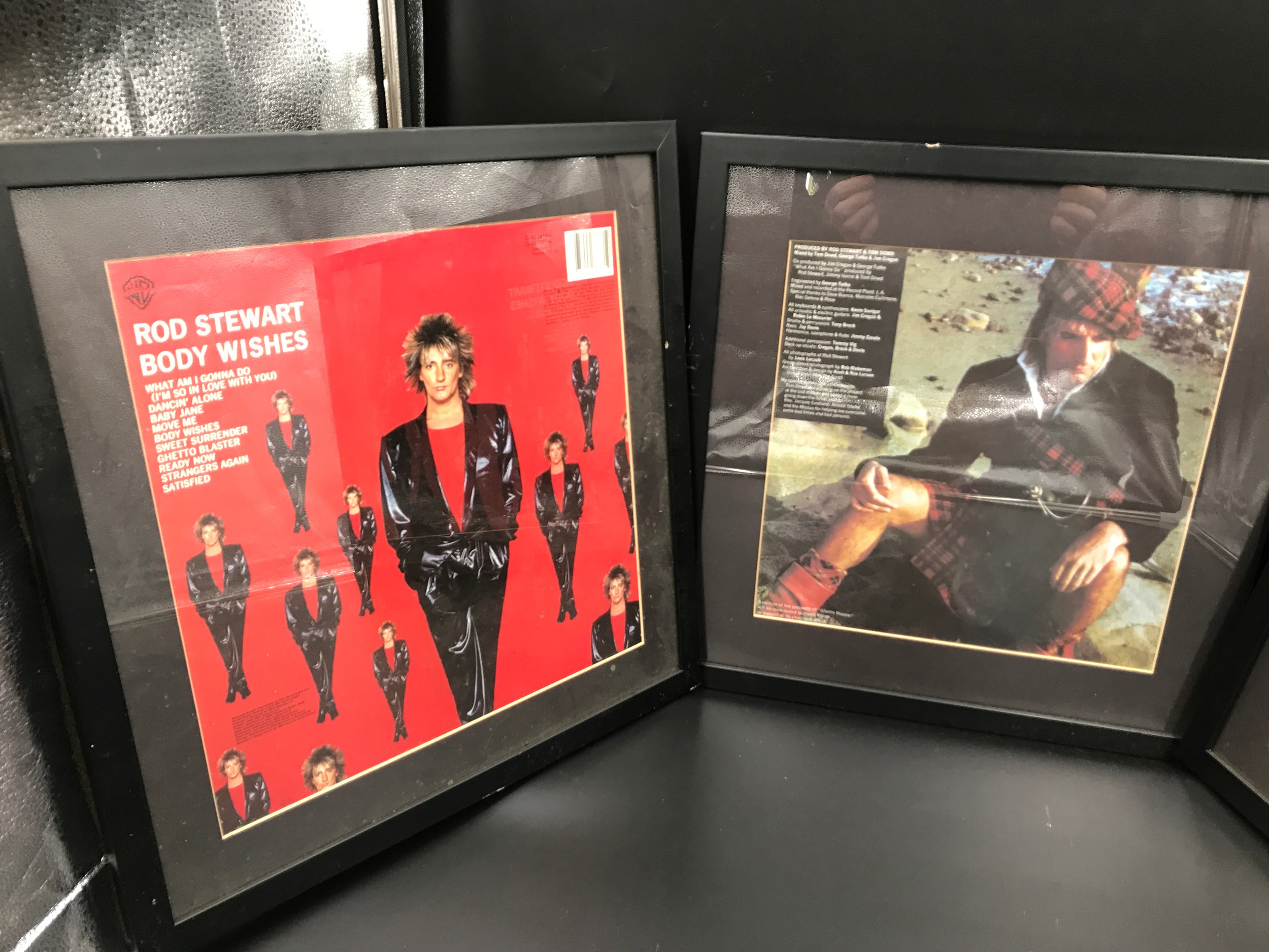 Set of three framed Rod Stewart album covers, Body Wishes front and back and Ghetto Blaster back - Image 3 of 3