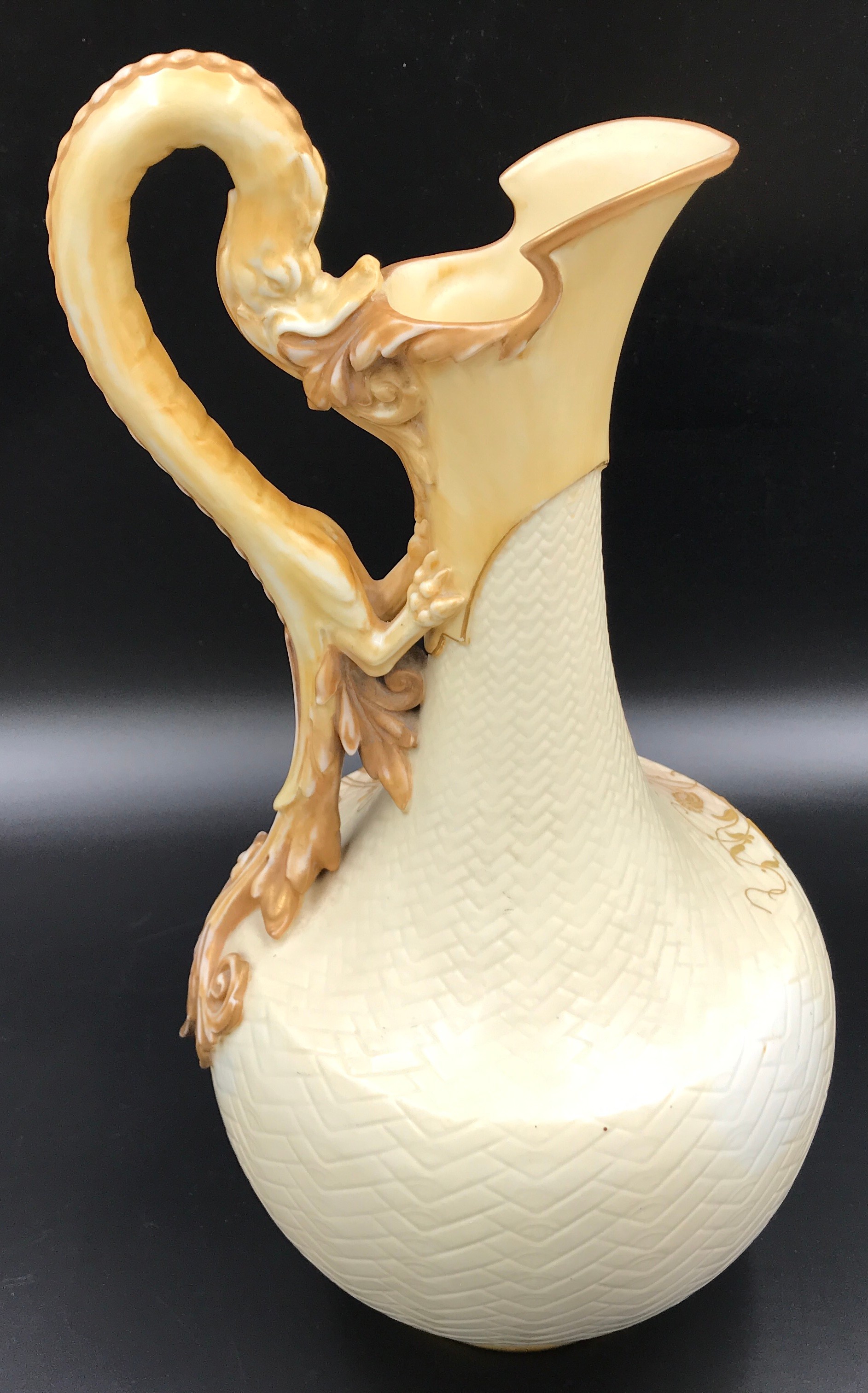 A Royal Worcester dragon handled ewer with gilt floral decoration.Condition ReportGilt rub to base - Image 3 of 6